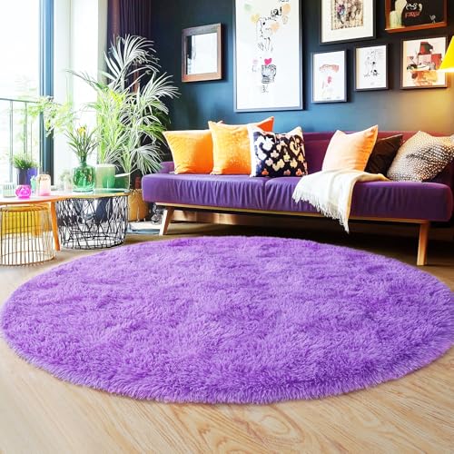 6‘x6’ Purple Round Rug for Bedroom, Ultra Soft Fluffy Circle Rug for Kids Girls Boys Room, Cute Shag Rugs for Living Room Playroom Teen Room Home Decor Rug