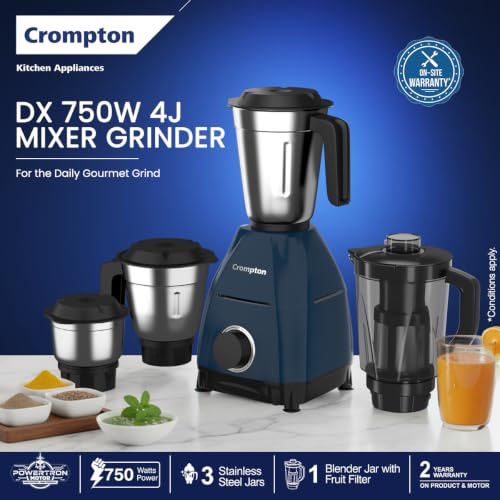 Image of Crompton DX 750W Mixer Grinder with 4 Jars | 3 Stainless Steel Jars & 1L Blending Jar | Elegant, Easy-Clean & Ergonomic Body | Powertron Motor | 2 Years Warranty