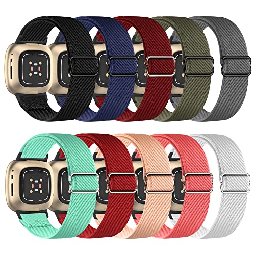 Oanux 10 Pack Compatible With Fitbit Sense Bands/ Versa 3 Bands/ Versa 4 Band / Sense 2 Band For Women Men, Elastic Nylon Stretchy Breathable Strap Adjustable Replacement For Fitbit Versa 3/Versa 4/ Sense /Sense 2 #TOP10