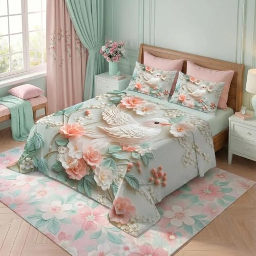 Image of 7D Fairy Tale Bird Collection King Bedsheet 108x108 inch with 2 Pillow Covers | Good Stitching, Soft Fabric & Vibrant 7D Digital Print for Kids & Couples (Ivory Peach)