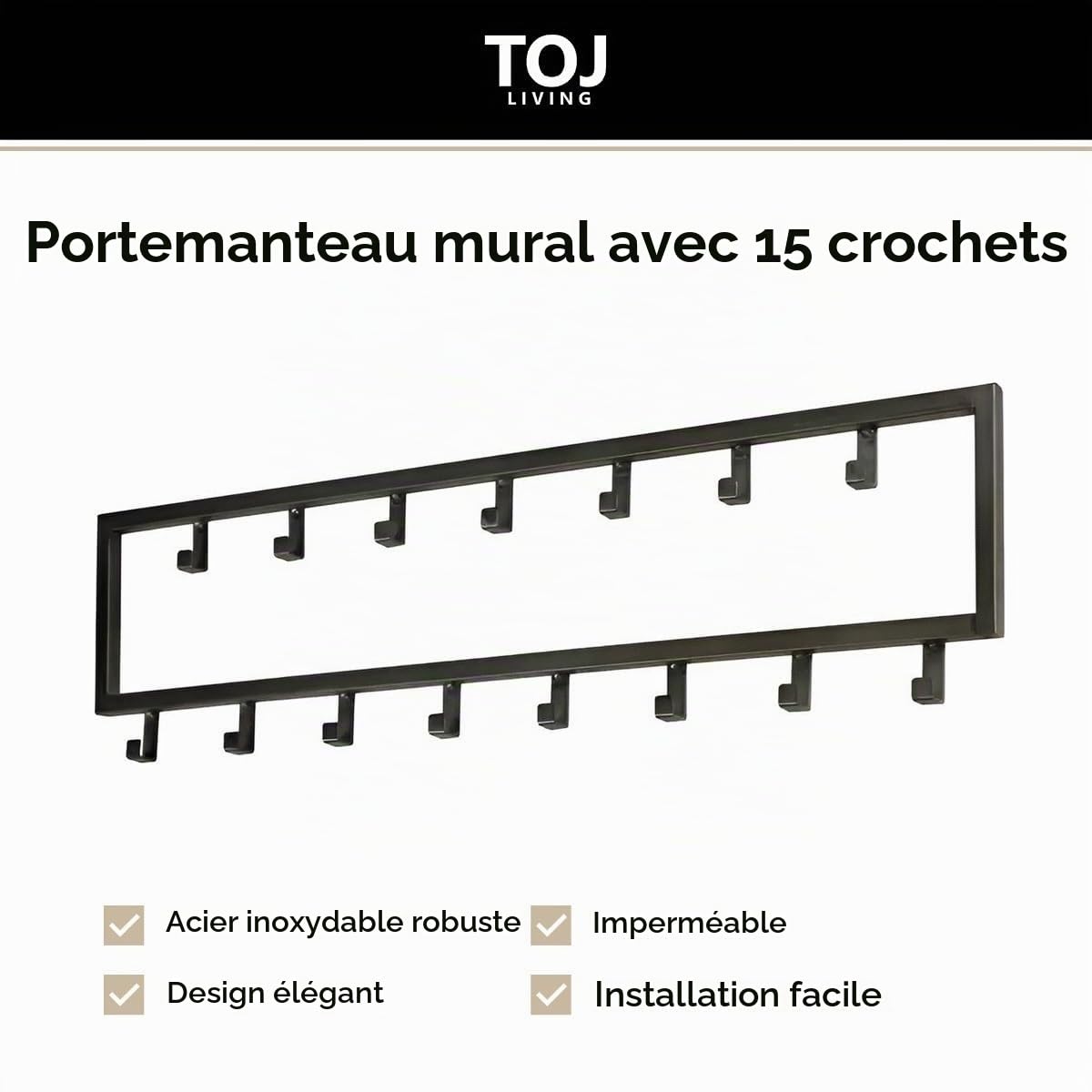 TOJ Porte-manteau mural avec 15 crochets - Porte-manteau mural suspendu - Porte-manteau - Acier inoxydable - 80CM - Noir mat