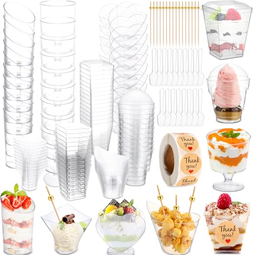 LemonRoad 300 Pack 2/3/5/7oz Plastic Dessert Cups Set 8 Styles Clear Plastic Dessert Cups with 100 Spoons 100 Toothpicks 500 Sticker for Serving Fruit Trifle Mousse Ice Cream Pudding(Elegant)