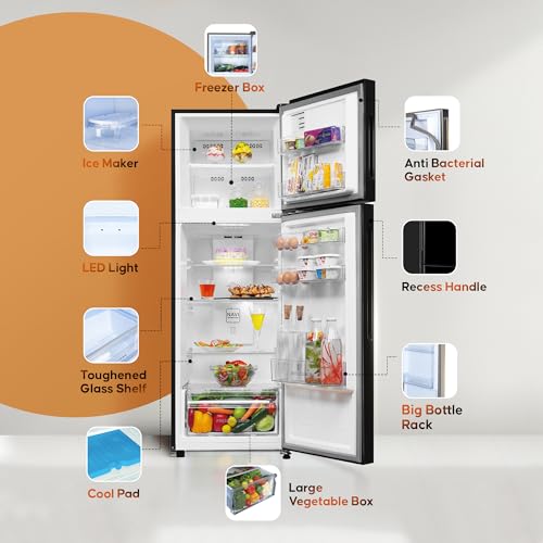 Image of Haier 240L 2 Star Frost Free Top Mount Double Door Refrigerator|Cool Pad|200% Faster Ice Making in 49 Minutes (HRF-2902EKG-P, Black Glass)