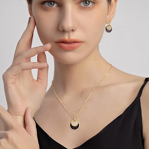 Miniatura 4 de Juego de joyas de oro para mujeres y niñas con circonita cúbica color negro epoxi redondo collar y aretes de aro Latón