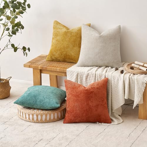 Image of MIULEE Pack of 4 Couch Throw Pillow Covers 18x18 Inch Neutral Orange /Teal Soft Decorative Chenille Pillow Covers Farmhouse Accent Cushion Covers for Boho Home Decor Spring Sofa Bedroom Living Room