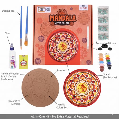 Image of HOBBY INDIA Lippan Art and Craft Materials Kit for Adults and Beginners I Premarked MDF Board Mandala Art Painting DIY Kit for Room Wall Hanging Office and Home Decoration (Mandala)