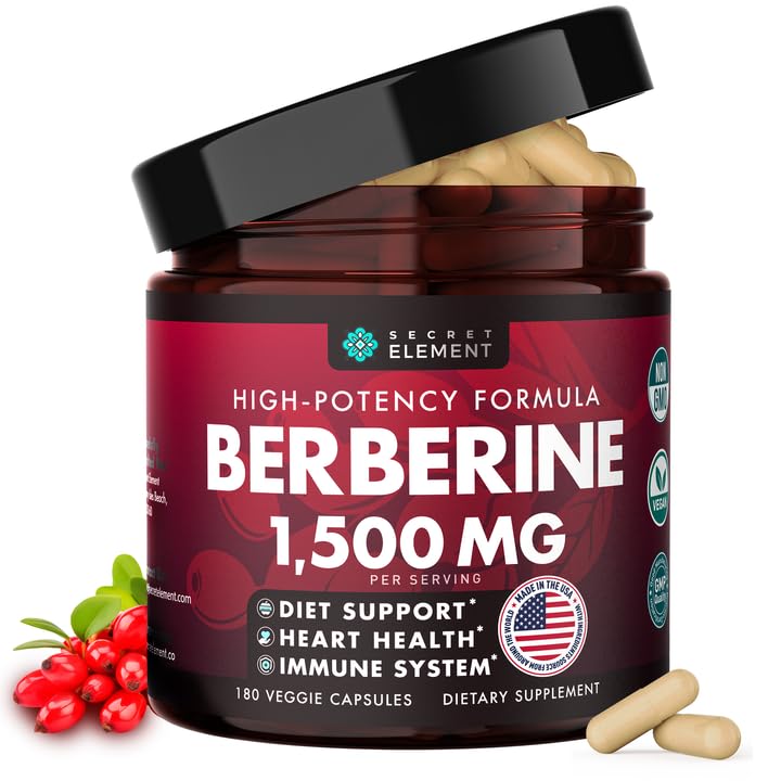 Berberine HCL Supplement 1500 mg, High Potency Vegan Capsules with Beet Root, Citrus Bergamot & Black Currant, Non-GMO, 180 Capsules