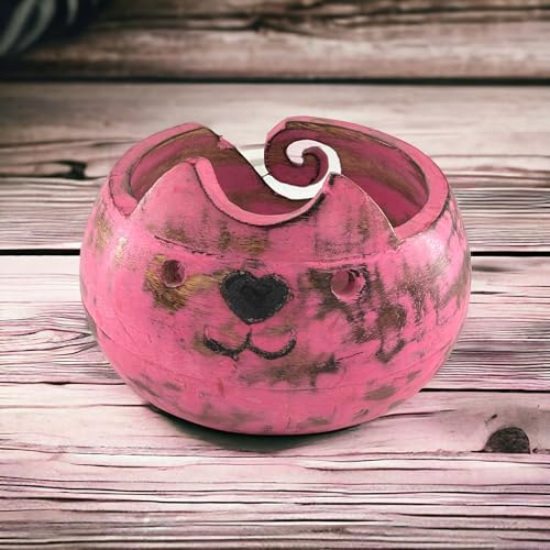 Image of Wooden Yarn Bowl for Crocheting Handmade Wool Storage Yarn Bowl with Holes Knitting Gifts for Women Crochet Accessories (5 inch x 3.5 inch - Pink)