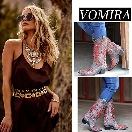 VOMIRA Mid Calf Boots for Women Vintage Pointed Toe Rhinetones Wood Heel Pull On Cowgirl Boots Fashion Western Knight Boots2