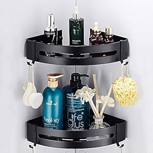 Hodzeed 2 stuks bevestigen zonder boren plakken doucheplank zwart, aluminiumlegering badkamer doucheplank douchemand voor shampoo (hoekplank)