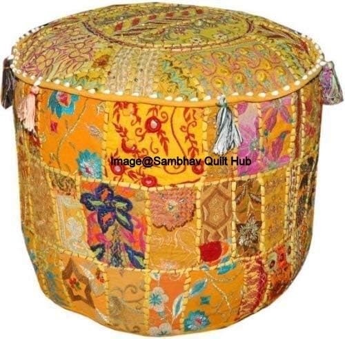 Yellow Decorative Multi Patch Indian Hippie Embroidery Vintage Cotton Floor Pillow & Cushion Patchwork Bean Bag Chair Cover Boho Bohemian Hand Embroidered Handmade Pouf Ottoman Cover (14X22 inch)
