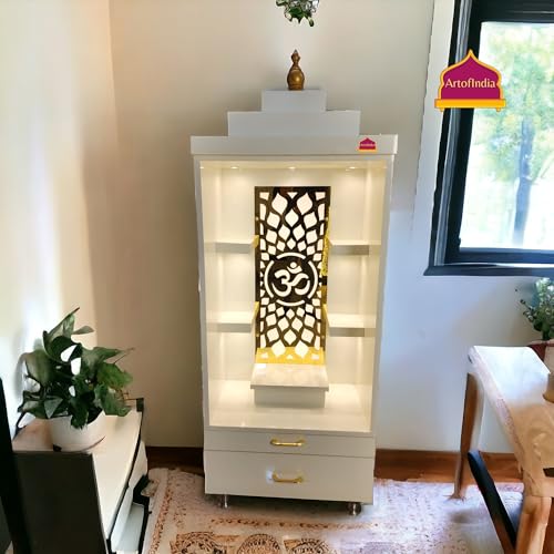 Image of Wooden Mandir, Designer Mandir for Home, Office, Golden Jali, White Colour, 18 mm Board (White)