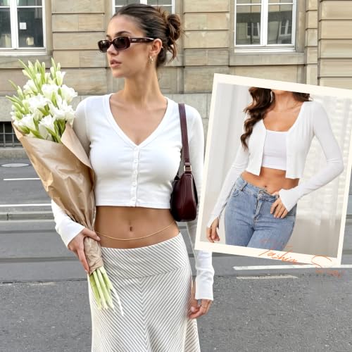 Image of Women's White Cropped Cardigan Long Sleeves Button Down Ribbed Crop Tops (Large)