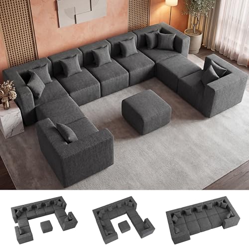 Image of MONVANE Modular Sectional Sofa, Oversized 10 Seat Convertible U Shaped Couch with Ottoman, Comfy Chenille Cloud Couch with Deep Seat, Sectional Couches for Living Room, No Assembly Required, Grey