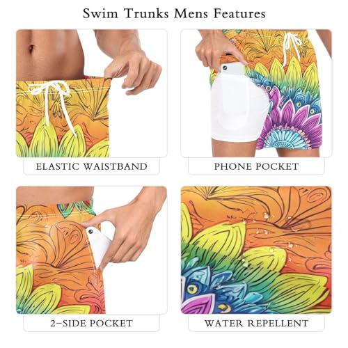 Mens Swim Trunks with Liner, Colorful Florals Middle Cool Quick Dry Beach Swim Shorts, Swimwear Bathing Suits S3