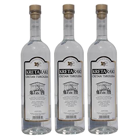 3x Tsikoudia Kretaraki je 700ml 40% Vol. Kreta Raki Griechenland Tresterbrand Brandwein Creta 3 Flaschen + Probiersachet Olivenöl 10ml Cover