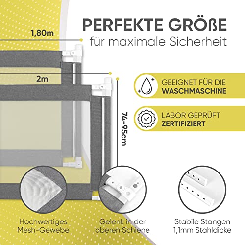RAWVEL® Bettgitter grau [1,8m] - Labor geprüft - Rausfallschutz Bett [Eine Seite] - Bettschutzgitter für Kinder & Elternbetten - Inkl. Deutscher Aufbauanleitung & Aufbauvideo