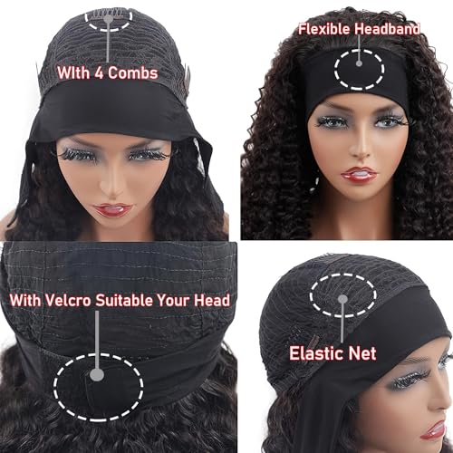 Image of Deep Wave Headband Wig Human Hair Curly Headband Half Wigs Machine Made Glueless None Lace Front Wig Brazilian Virgin Human Hair for Black Women Natural Color 150% Density 24Inch