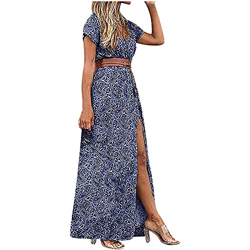 GOODTRADE8 Womens White Beach Casual Tshirt Dress Fashion Casual Bandage Loose Short Sleeve Print V-Neck Mid-Calf Dress