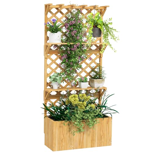 Outsunny Jardinière avec Treillis lit surélevé de Jardin Potager sur Pied en Bois avec étagères, Trous de Drainage et Doublure, bac à Fleurs Pot de...