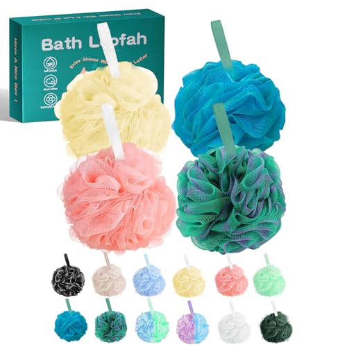 Amazerbst luffa, spugna di luffa per donne e uomini, confezione da 4 (rosa, bianco, viola, blu)