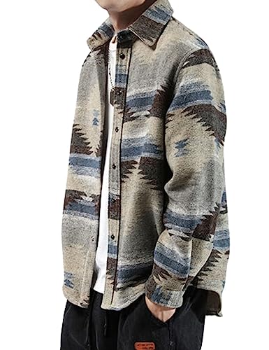 FindThy Men’s Brushed Flannel Shirts Ethnic Aztec Print Button Up Lapel Tribal Shirt Jacket Shacket3