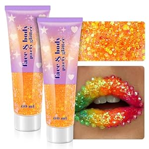 Face Glitter Gel, 2 Jars Holographic Chunky Glitter Makeup for Body, Hair, Face, Nail, Lip, Eyeshadow, Long Lasting Iridescent Chunky Glitter for Concert Festival Rave (Iridescent Orange)