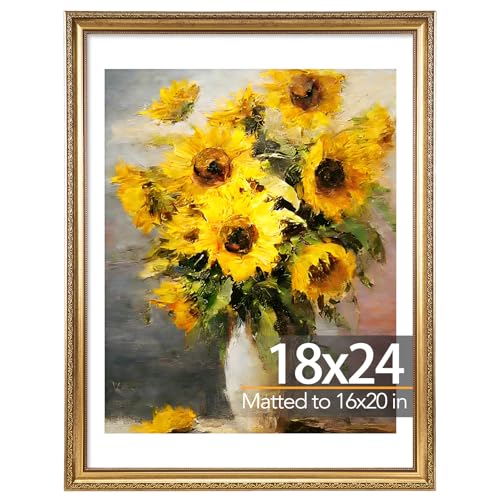 JCJMY 18x24 Vintage Picture Frame with 16x20 Mat Elegant Retro 18 by 24 Photo Frame with Shatter-Resistant Plexiglass for Wall Gallery Decor & Gift Gold 1 Pack