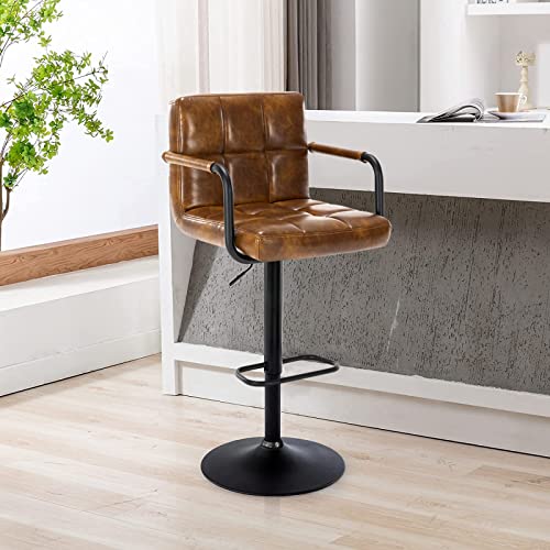 Furniliving Adjustable Bar Stools With Armrest, Modern Square Pu Leather Chairs With Back Swivel Counter Height Barstools With Arms For Kitchen Dining Pub Cafe, Set Of 2 (Yellowbrown) #TOP7