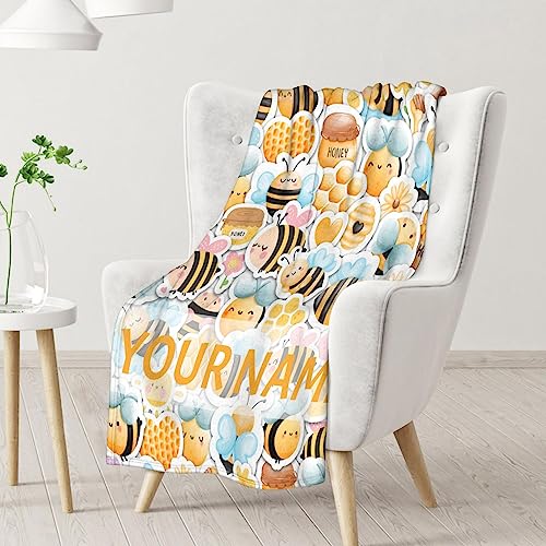 Personalized Bee Blanket Gifts, 50"x60" Cute Throw for Women Girls, Soft Cozy Warm Flannel Blanket for Sofa Bed