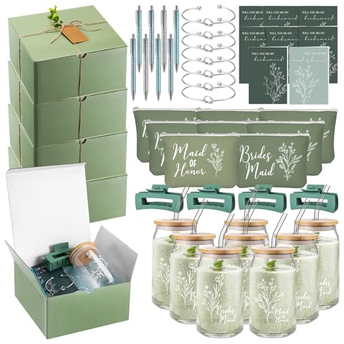 RimCereal 8 Sets/ 80 Pcs Bridesmaid Proposal Gifts Maid of Honor Gifts for Wedding, Include Glass Cup Makeup Bag Glitter Pen Card Bracelet Hair Clip Gift Box Kraft Tags Grass Twine(Green)
