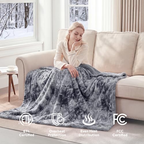 Image of Westinghouse Electric Heated Throw Blanket, Faux Fur with 6 Heating Levels & Auto Off, Soft Cozy Sherpa Washable Blanket (50 inch x 60 inch, Grey)
