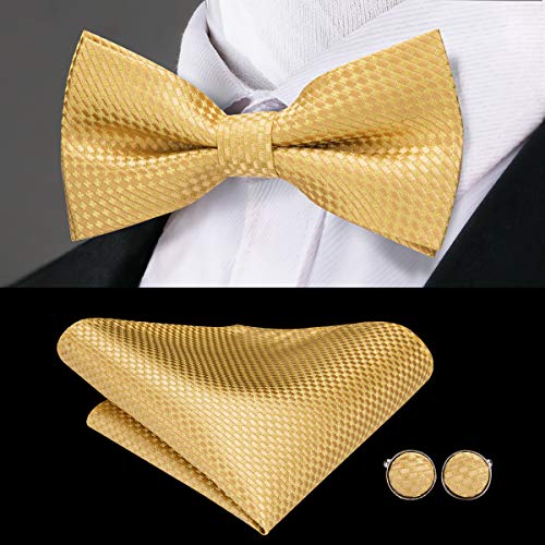 Image of Hi-Tie 5Pcs Mens Solid Color Silk Tie Satin Pretied Bowtie Lapel Pin for Men Handkerchief Cufflink Wedding Gift Box