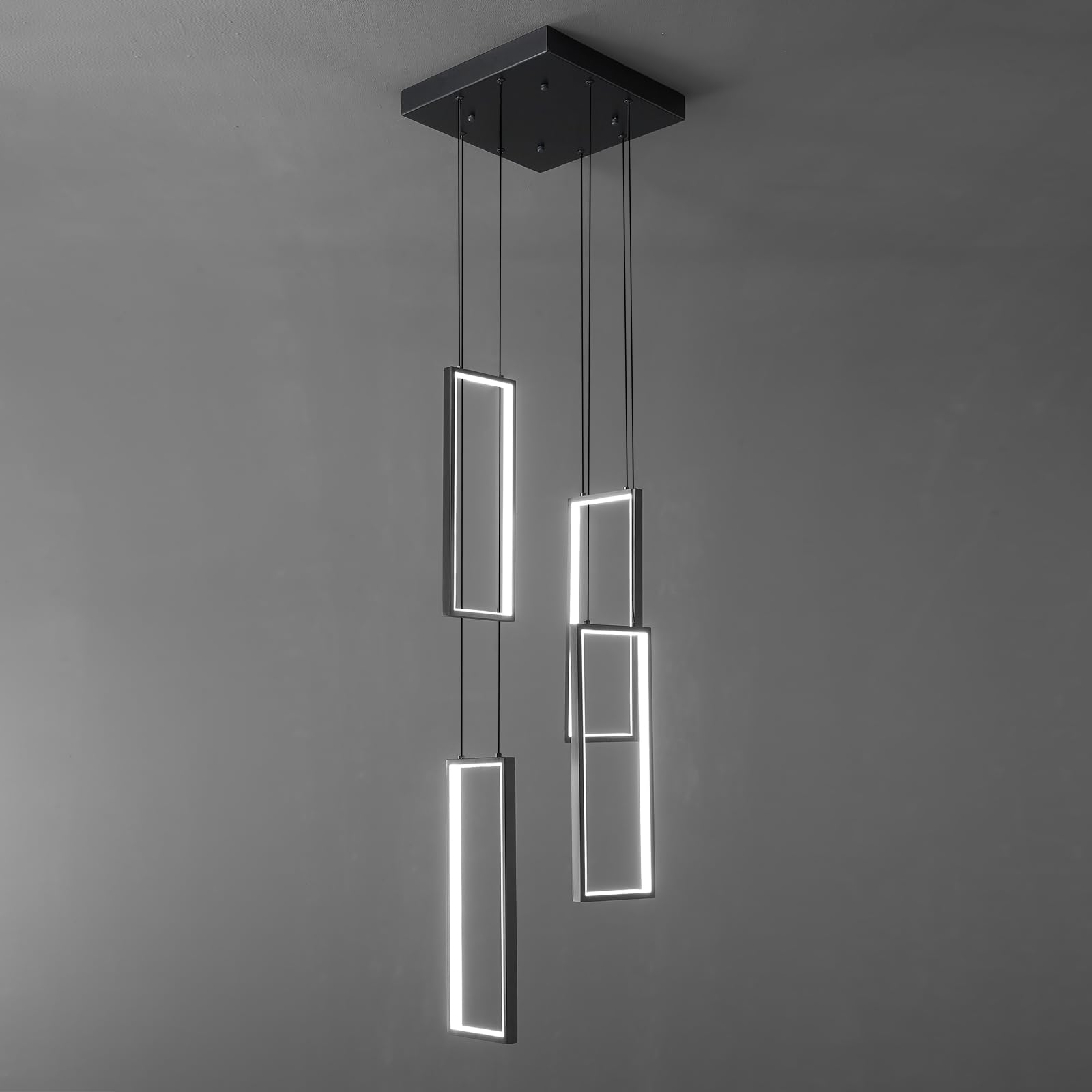 ZPBSJ Modern Dimmable Kitchen Pendant Lights LED Black Hanging Lamp 4 Ring Rectangular Chandelier for Dining Room Bedroom Living Room Corridor