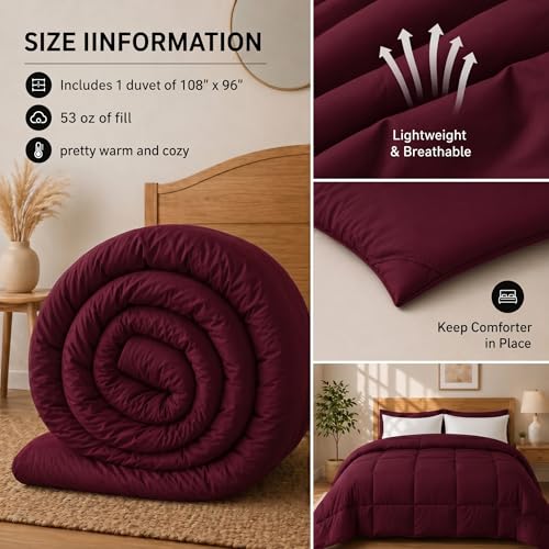 Image of Luxury Hotel Collection Cotton Comforter | All-Season Lightweight Quilt for Hot Sleepers | Plush, Breathable & Box-Stitched (Queen) Burgundy,