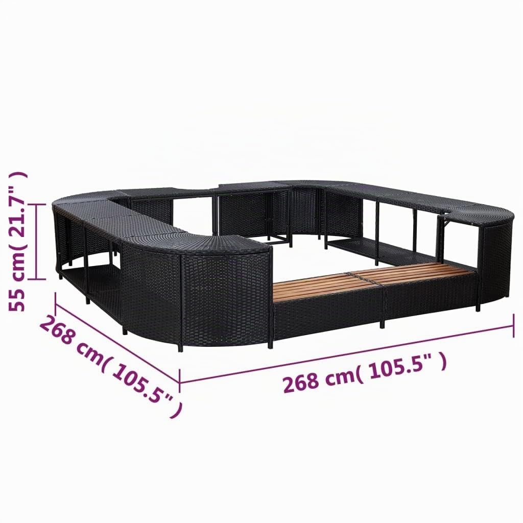 KOIECETA Whirlpool Umrandung mit 2 hölzernen Spa-Stufen Spa Poolumrandung für Schwimmbecken Quadratisch Schwarz 268x268x55cm Poly Rattan, V31009