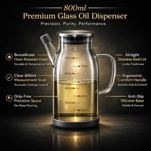 Image of 800ml Borosilicate Glass Oil Dispenser with Anti-Drip Spout & Leakproof Lid | BPA-Free Kitchen Jar with Measurement Markings | Silicone Base | For Oil, Vinegar, Soy Sauce & Seasonings(800ml)