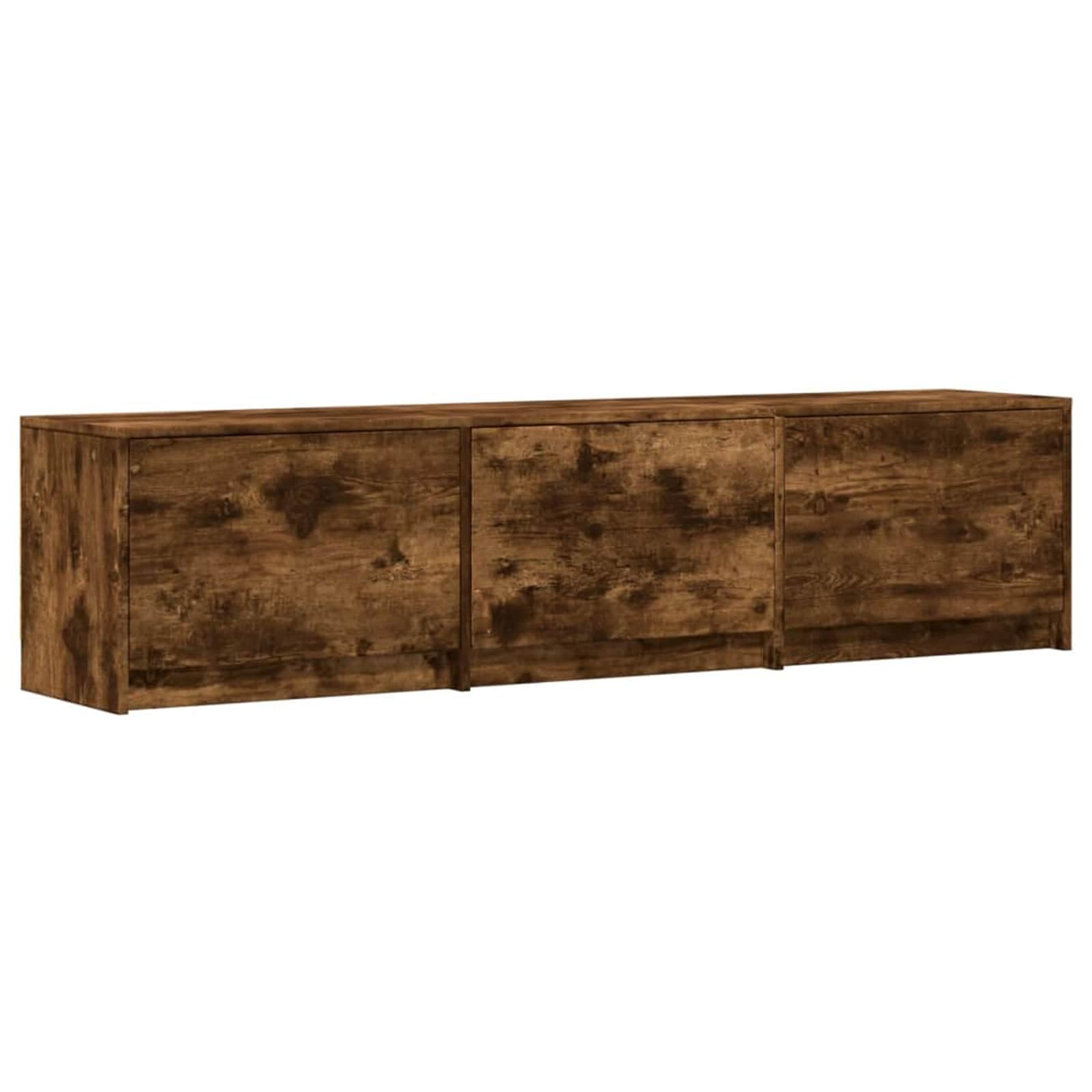 Mueble de TV de madera de roble ahumado con 3 cajones, estantes y compartimentos, montaje en pared, mueble bajo con gestión de cables para sala de estar, juegos