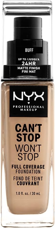 NYX Professional Makeup 24 Hour Full Coverage Lightweight Foundation, Can't Stop Won't Stop, Long Lasting, Waterproof, Vegan Formula, Matte Finish, Shade: Buff