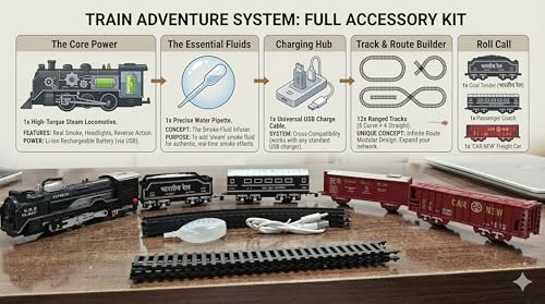 Image of VU Toys Big Rail Gadi Train Set for Kids (3+ Years) | Rechargeable Engine with Coal & Passenger Coach | Water Smoke, Hindi Music, Lights & Sound | C-Type Charging | 10 Round Tracks (Black)