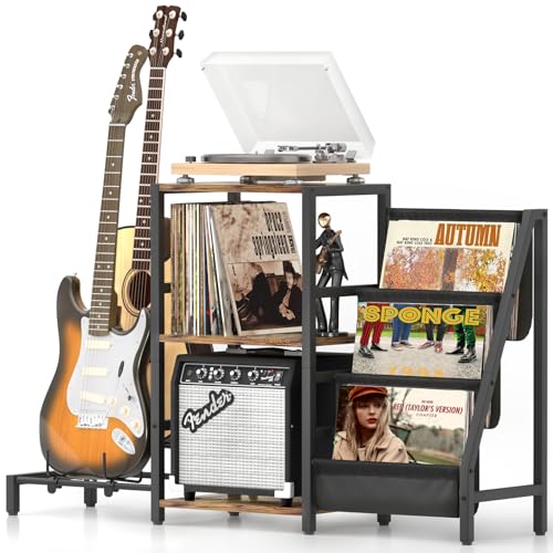 Bikoney Record Player Stand with Guitar Holder, Guitar Rack for Acoustic, Electric Guitar, Bass, Guitar Stand Multiple Guitars, Vinyl Record Stand, Guitar Stands Floor for Studio