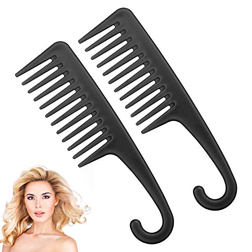 Wide Tooth Comb Shower Combs: 2Pcs Wide Tooth Comb for Curly Hair,Plastic Big Detangling Comb with Hook,Wide Tooth Comb for Wet /Black/Thick/Fine/Long Hair,Combs for Women（Black）