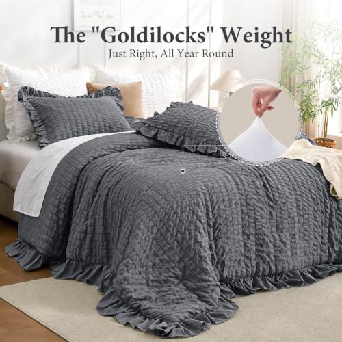 Image of JOLLYVOGUE Dark Grey Twin /Twin XL Comforter Set,3pcs Seersucker Bed Set | OEKO-TEX Certified, All Season, Down Alternative Fill, Lightweight Bedding Set with Ruffle Comforter & Pillowshams, Easy Care