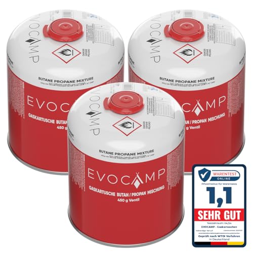 EVOCAMP 3X Cartucho de Gas Propano Butano 450g, Cartucho de Rosca Europea 7/16', Botellas de Gas para Camping 809ml, bombona de Gas, Puede Utilizarse para barbacoas Weber de la Serie Q100/1200