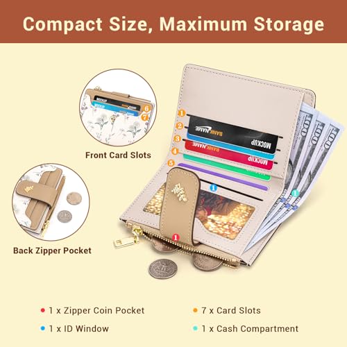 Image of YINHEXI Women's Wallet, Compact and Small Bifold PU Leather Card Holder, Mini Purse with Coin Pocket for Ladies, Girls (Floral Kahki)