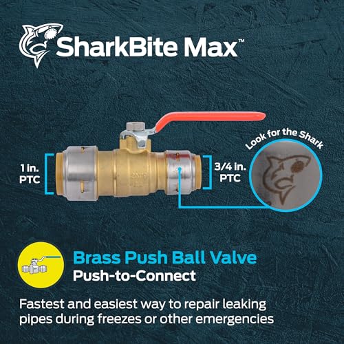 Image of SharkBite Max 1 x 3 /4 in PTC Reducing Ball Valve, Push-to-Connect Brass Water Shut-Off Plumbing Fitting, UR22993