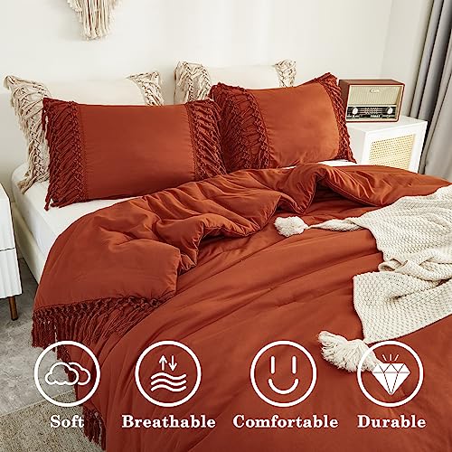 Image of Andency Comforter Full Size Set Burnt Orange, Boho Terracotta Lightweight Vintage Soft Bedding Comforter Sets, 3 Pieces Rust Bed Set (79x90In Comforter & 2 Pillowcases)
