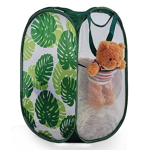TECHMILLY ランドリーバスケット 折りたたみ 洗濯カゴ 大容量 71L メッシュ 省スペース 取っ手付き ランドリーバッグ 収納 洗濯物 袋 かご 持ち運び可能 軽量 旅行 ゴミ箱 (グリーンリーフ、1PCS)
