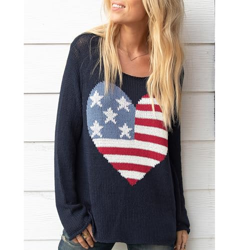 Image of Women American Flag Sweater Loose Vintage USA Sweatshirt Long Sleeve Crewneck Hollow Out 4th of July Jumper