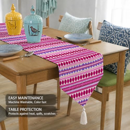 Image of STITCHNEST Woven Table Runner 13x72 Inches | Pink Geometric Design | Tassel Finish | Modern Dining Table Decor
